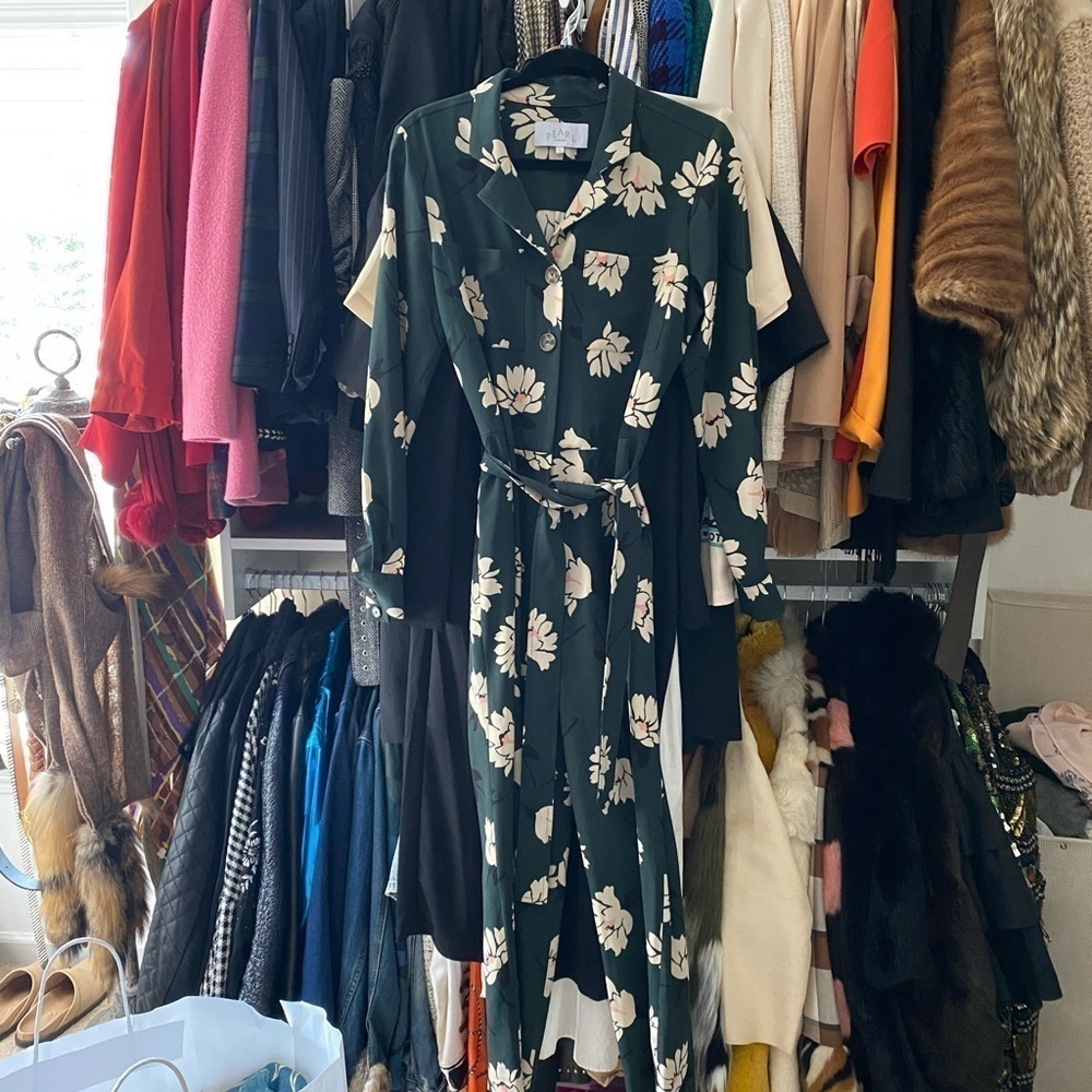 Pearl by Lela Rose- GREEN and Peach Floral Longsleeve Belted Jumpsuit - Picture 6 of 6